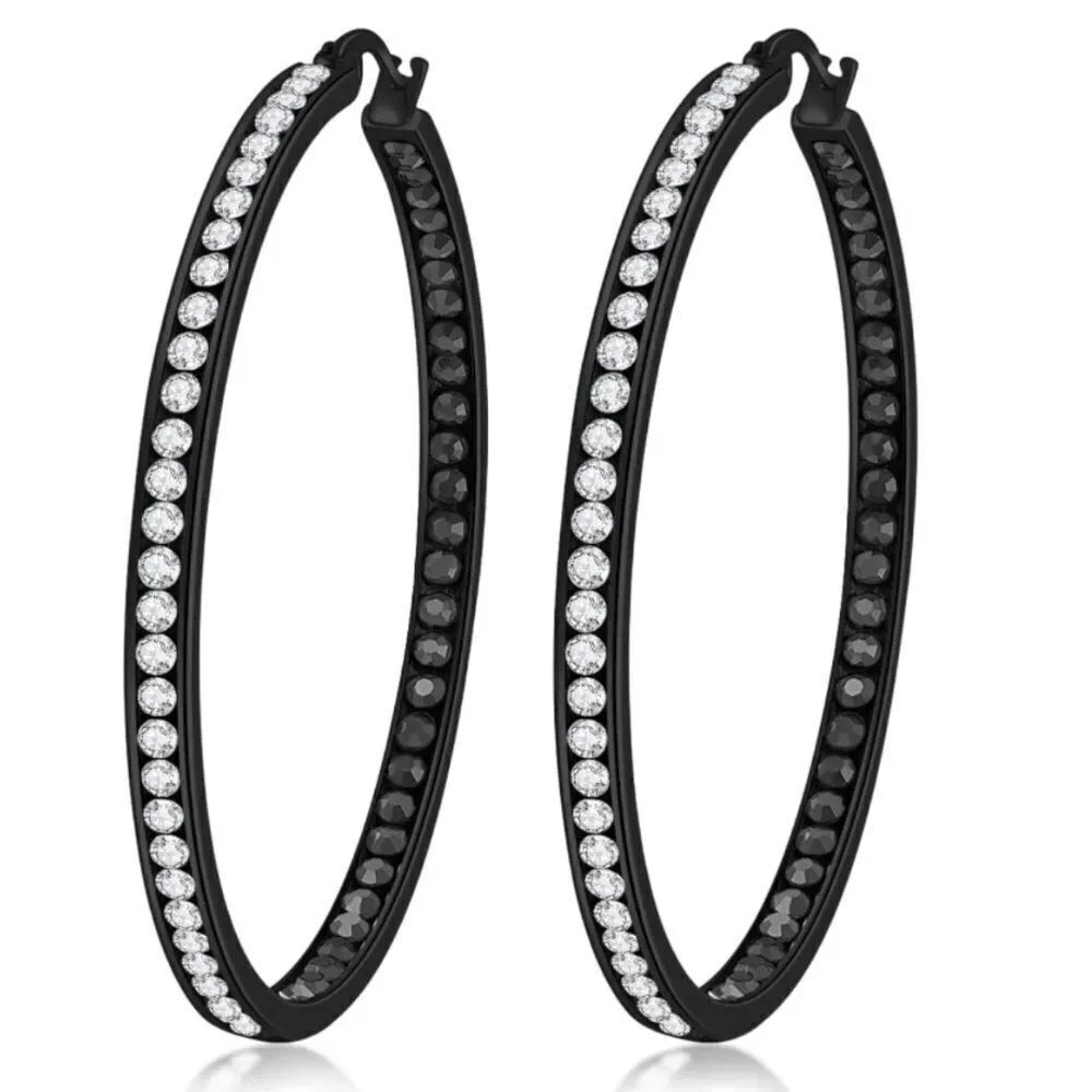 14K Black Gold with Diamond and Onyx Cubic Zirconia Big Hoop Latch Back Earrings